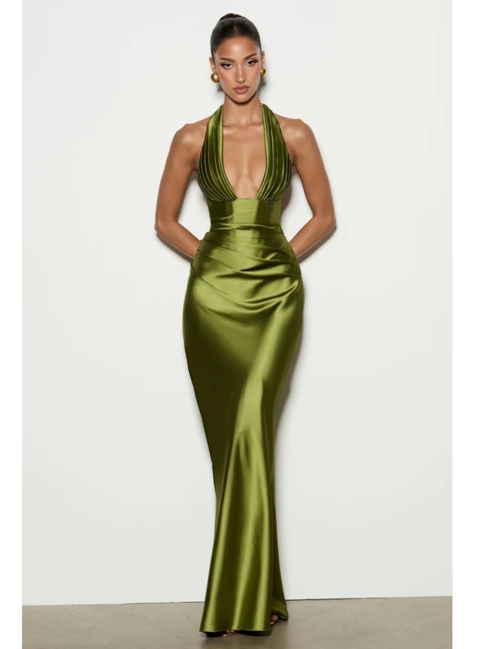 Maxi Plunge Halter Dress in Olive- M (worn once)